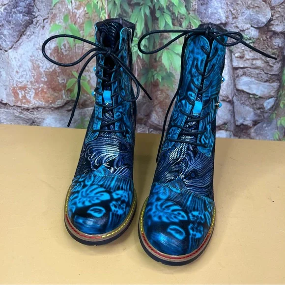 CY Blue Leather and TextilePeacock Feather Lace-Up Cuban Heel Boots, 41/10 - Picture 4 of 13